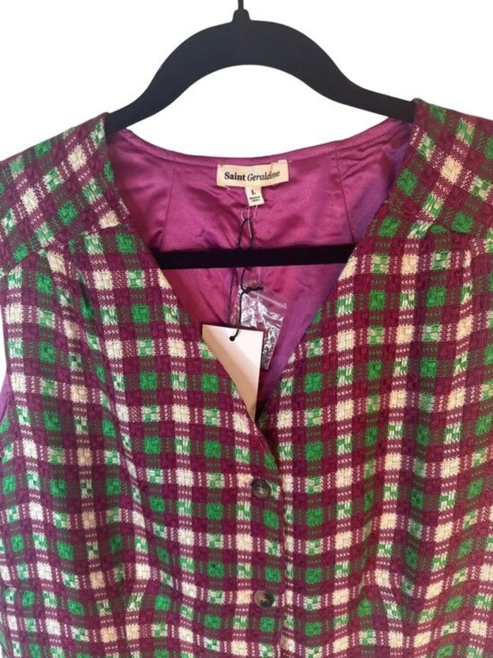 New Saint Geraldine Medium Plaid Button-Up Vest With Satin Lining